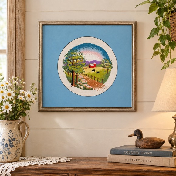 Other - Vintage Framed Cross Stitch Farmhouse Red Barn Pastoral Scene 12x12 Blue Mat